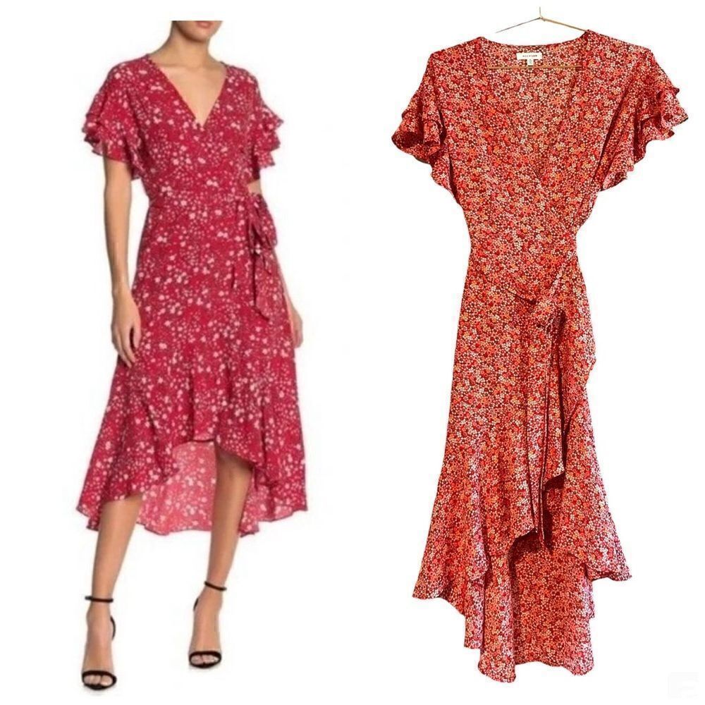 Max Studio Red Floral Ruffle Sleeve Wrap High Low Hem Dress | SZ S